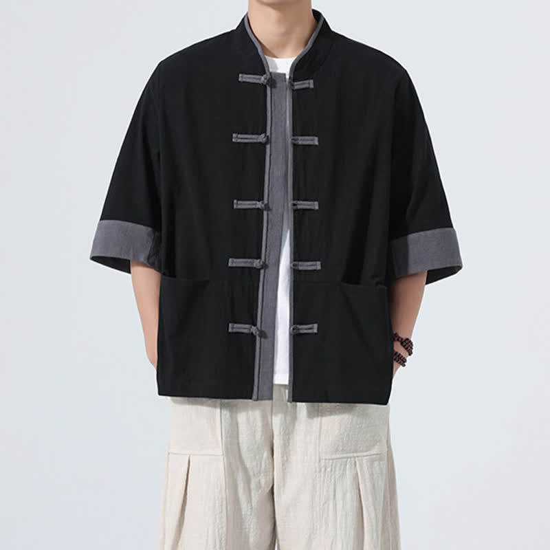Buddha Stones Camisas de manga corta de algodón liso para hombre, estilo Tang, con botones de rana, de verano y bolsillo. - Negro - US/UK/AU46, EU56 (5XL) - image 16