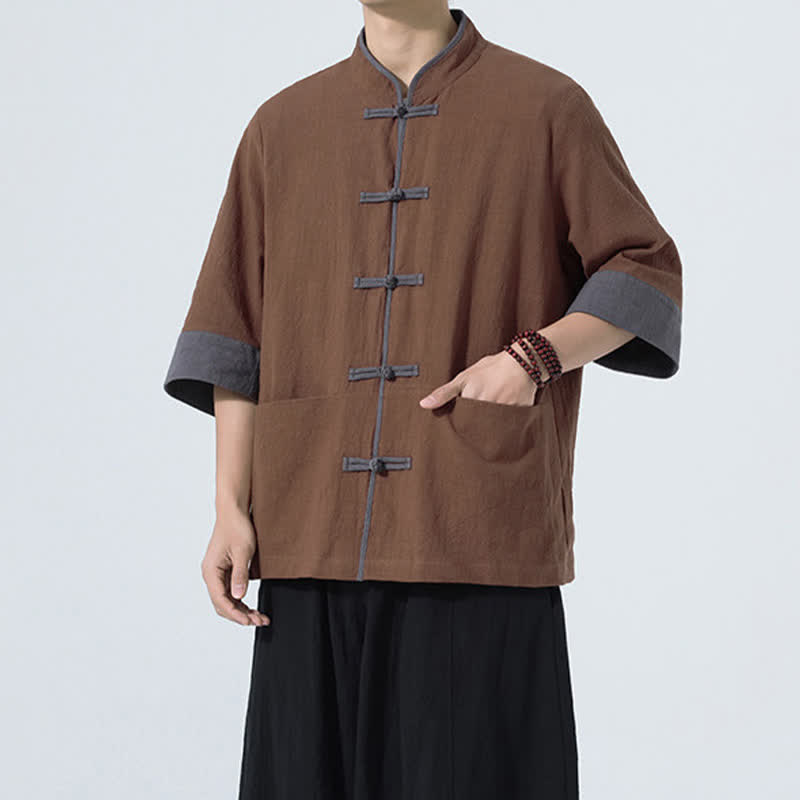 Buddha Stones Camisas de manga corta de algodón liso para hombre, estilo Tang, con botones de rana, de verano y bolsillo. - image 10