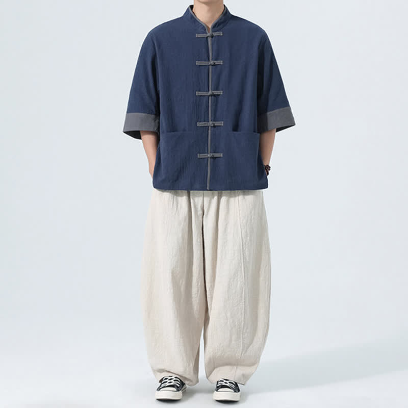 Buddha Stones Camisas de manga corta de algodón liso para hombre, estilo Tang, con botones de rana, de verano y bolsillo. - image 6