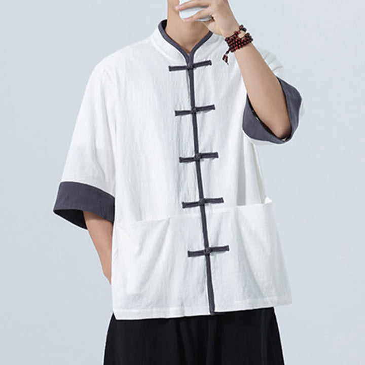 Buddha Stones Camisas de manga corta de algodón liso para hombre, estilo Tang, con botones de rana, de verano y bolsillo. - image 29