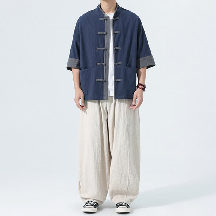 Buddha Stones Camisas de manga corta de algodón liso para hombre, estilo Tang, con botones de rana, de verano y bolsillo. - image 7