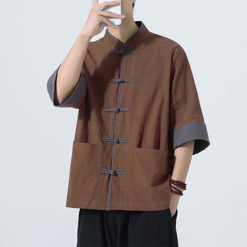 Buddha Stones Camisas de manga corta de algodón liso para hombre, estilo Tang, con botones de rana, de verano y bolsillo. - image 9