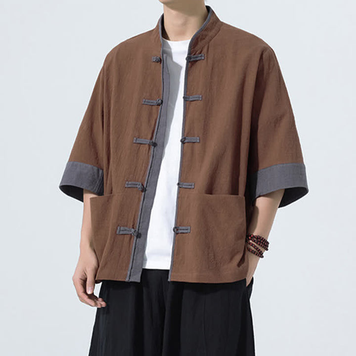 Buddha Stones Camisas de manga corta de algodón liso para hombre, estilo Tang, con botones de rana, de verano y bolsillo. - image 11