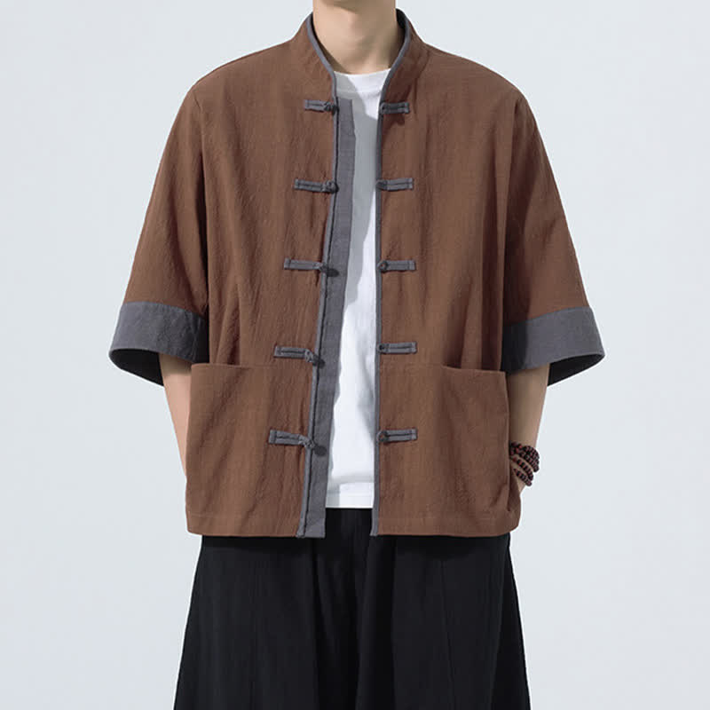 Buddha Stones Camisas de manga corta de algodón liso para hombre, estilo Tang, con botones de rana, de verano y bolsillo. - Tierra de siena - US/UK/AU46, EU56 (5XL) - image 8
