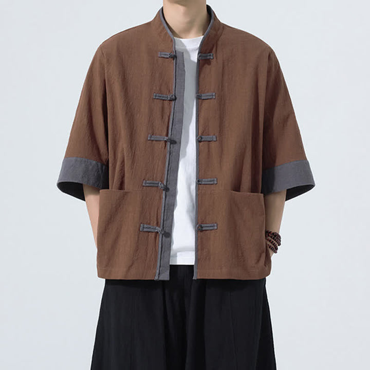 Buddha Stones Camisas de manga corta de algodón liso para hombre, estilo Tang, con botones de rana, de verano y bolsillo. - Tierra de siena - US/UK/AU46, EU56 (5XL) - image 8
