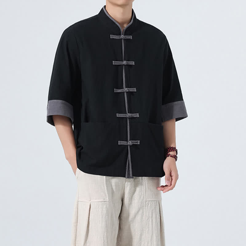 Buddha Stones Camisas de manga corta de algodón liso para hombre, estilo Tang, con botones de rana, de verano y bolsillo. - image 19