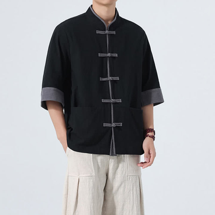 Buddha Stones Camisas de manga corta de algodón liso para hombre, estilo Tang, con botones de rana, de verano y bolsillo. - image 19