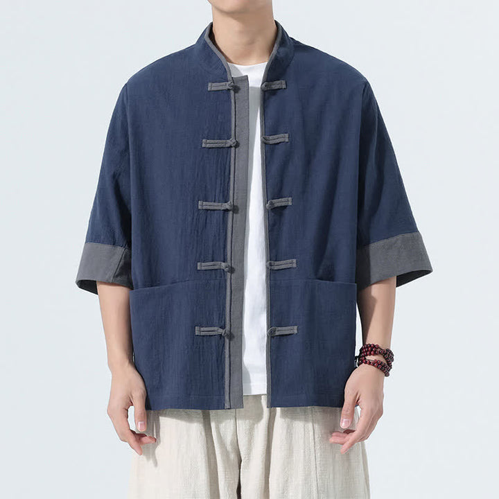 Buddha Stones Camisas de manga corta de algodón liso para hombre, estilo Tang, con botones de rana, de verano y bolsillo. - Marina de guerra - US/UK/AU46, EU56 (5XL) - image 0