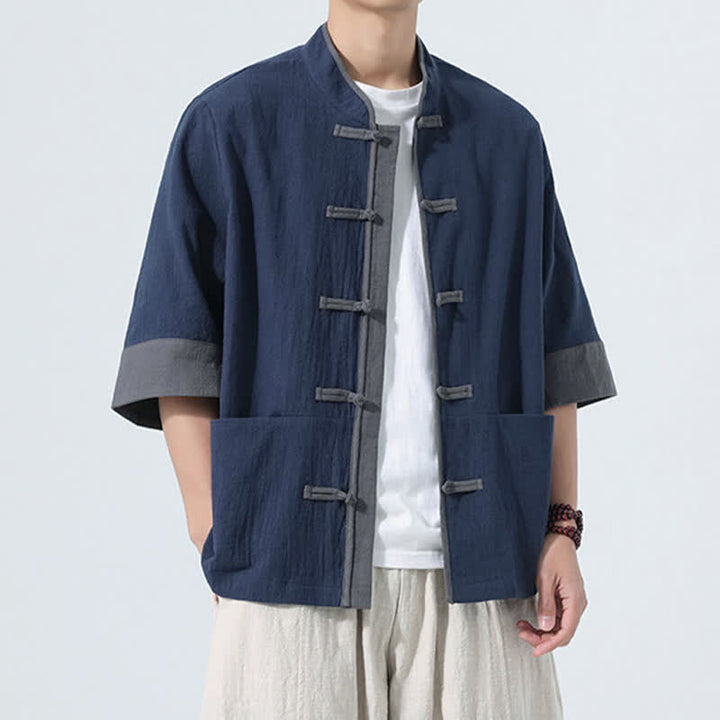 Buddha Stones Camisas de manga corta de algodón liso para hombre, estilo Tang, con botones de rana, de verano y bolsillo. - image 5