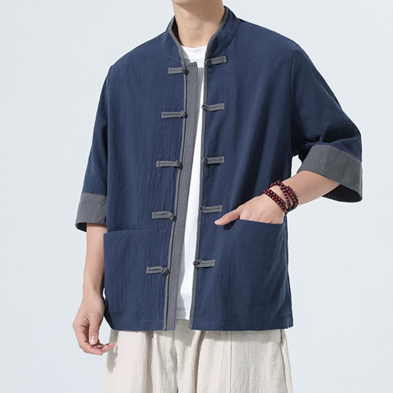 Buddha Stones Camisas de manga corta de algodón liso para hombre, estilo Tang, con botones de rana, de verano y bolsillo. - image 4