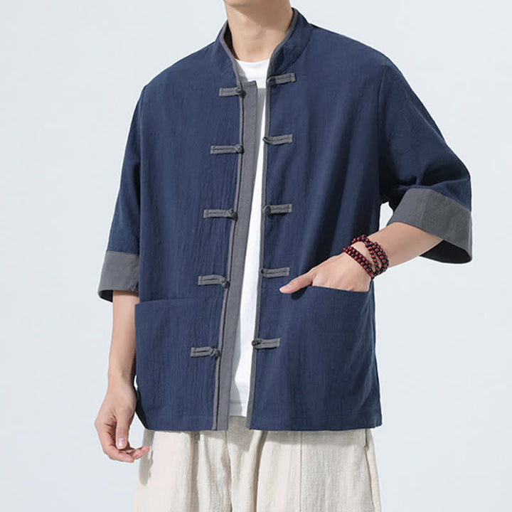 Buddha Stones Camisas de manga corta de algodón liso para hombre, estilo Tang, con botones de rana, de verano y bolsillo. - image 4