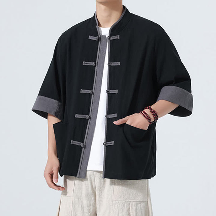 Buddha Stones Camisas de manga corta de algodón liso para hombre, estilo Tang, con botones de rana, de verano y bolsillo. - image 18