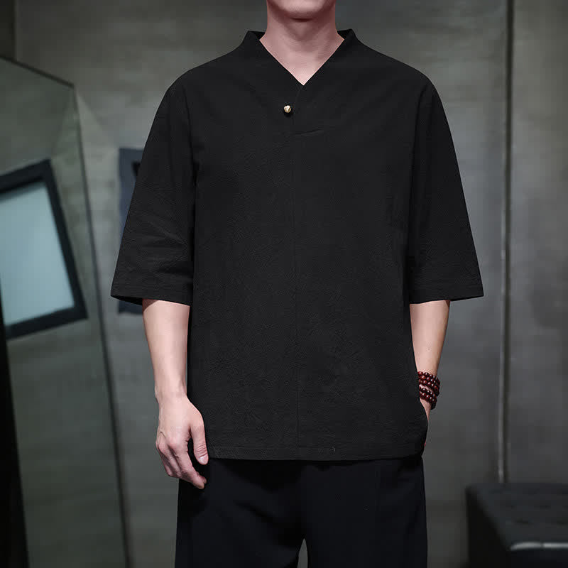 Buddha Stones Camisas de manga corta para hombre, estilo Tang casual de verano, con cuello mandarín y color liso. - Negro - US/UK/AU46, EU56 (5XL) - image 13