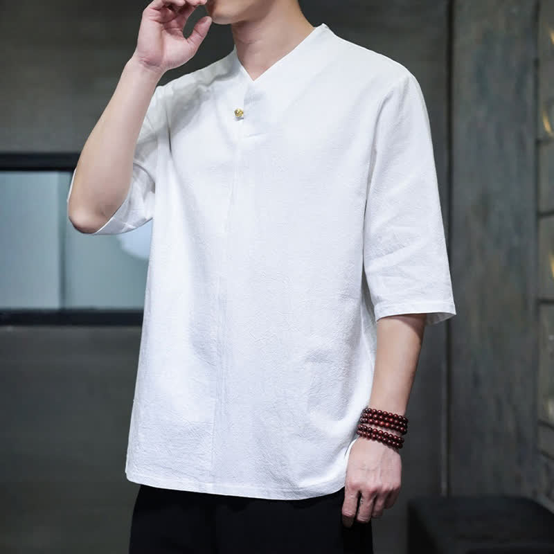 Buddha Stones Camisas de manga corta para hombre, estilo Tang casual de verano, con cuello mandarín y color liso. - image 19