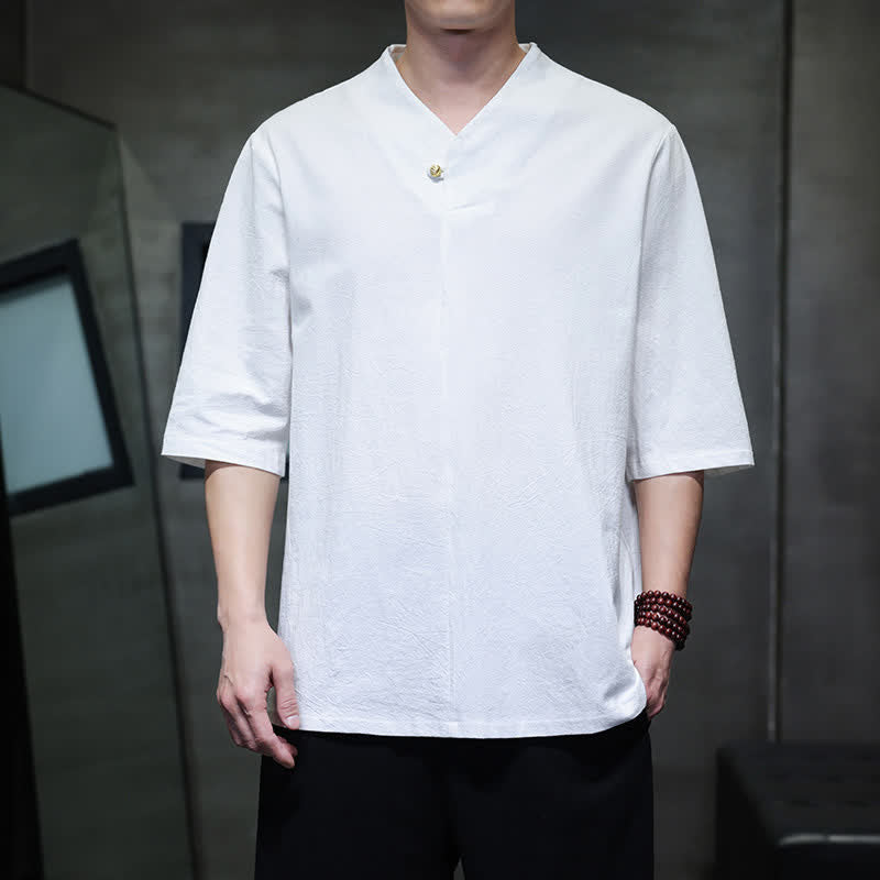 Buddha Stones Camisas de manga corta para hombre, estilo Tang casual de verano, con cuello mandarín y color liso. - Blanco - US/UK/AU46, EU56 (5XL) - image 18