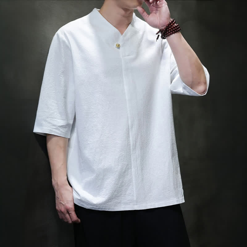 Buddha Stones Camisas de manga corta para hombre, estilo Tang casual de verano, con cuello mandarín y color liso. - image 21