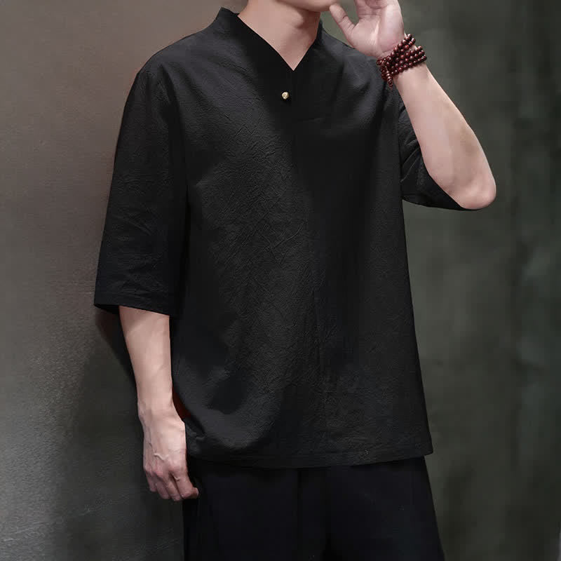 Buddha Stones Camisas de manga corta para hombre, estilo Tang casual de verano, con cuello mandarín y color liso. - image 16