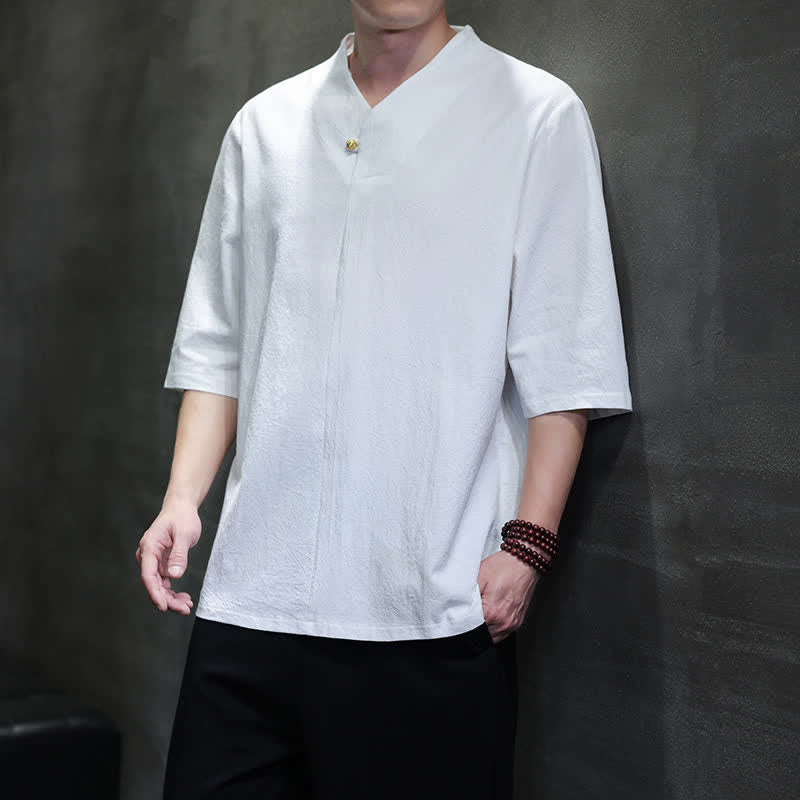 Buddha Stones Camisas de manga corta para hombre, estilo Tang casual de verano, con cuello mandarín y color liso. - image 20