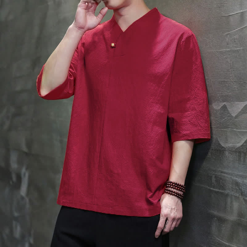 Buddha Stones Camisas de manga corta para hombre, estilo Tang casual de verano, con cuello mandarín y color liso. - image 8
