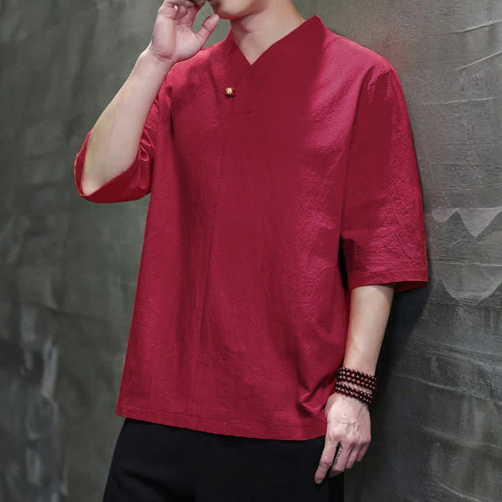 Buddha Stones Camisas de manga corta para hombre, estilo Tang casual de verano, con cuello mandarín y color liso. - image 8