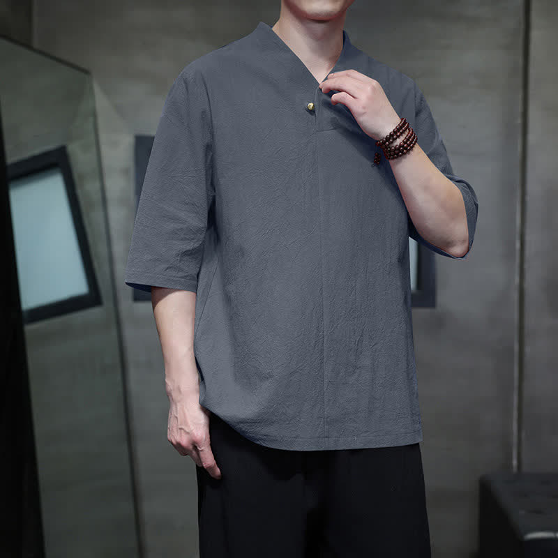 Buddha Stones Camisas de manga corta para hombre, estilo Tang casual de verano, con cuello mandarín y color liso. - Gris pizarra - US/UK/AU46, EU56 (5XL) - image 0