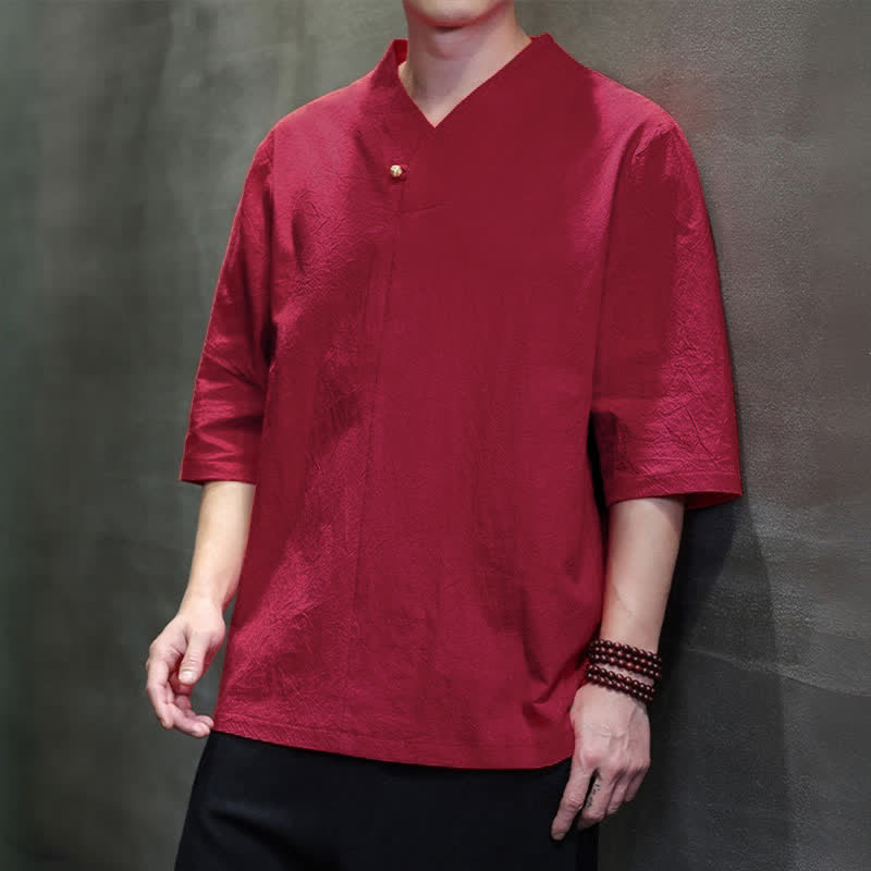 Buddha Stones Camisas de manga corta para hombre, estilo Tang casual de verano, con cuello mandarín y color liso. - image 9