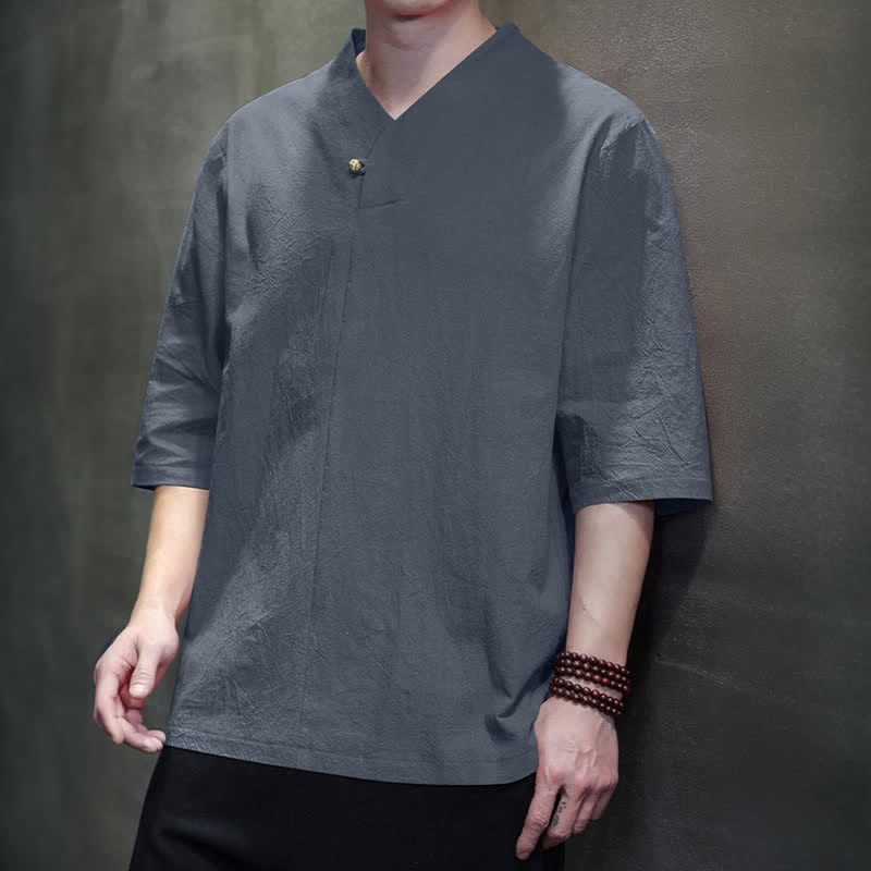 Buddha Stones Camisas de manga corta para hombre, estilo Tang casual de verano, con cuello mandarín y color liso. - image 4