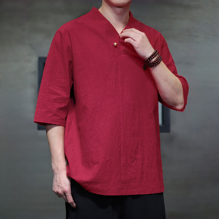 Buddha Stones Camisas de manga corta para hombre, estilo Tang casual de verano, con cuello mandarín y color liso. - image 10
