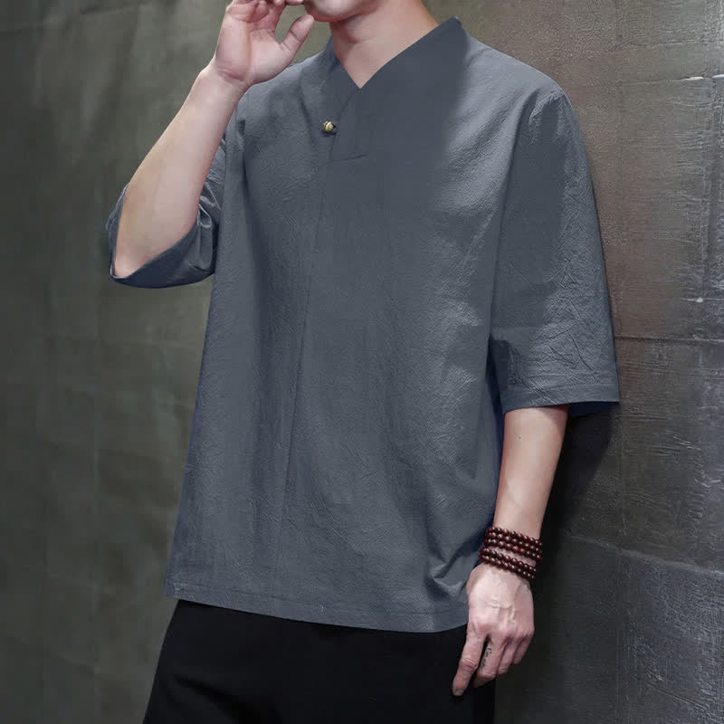 Buddha Stones Camisas de manga corta para hombre, estilo Tang casual de verano, con cuello mandarín y color liso. - image 3