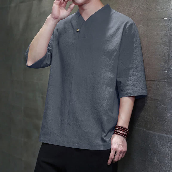 Buddha Stones Camisas de manga corta para hombre, estilo Tang casual de verano, con cuello mandarín y color liso. - image 3