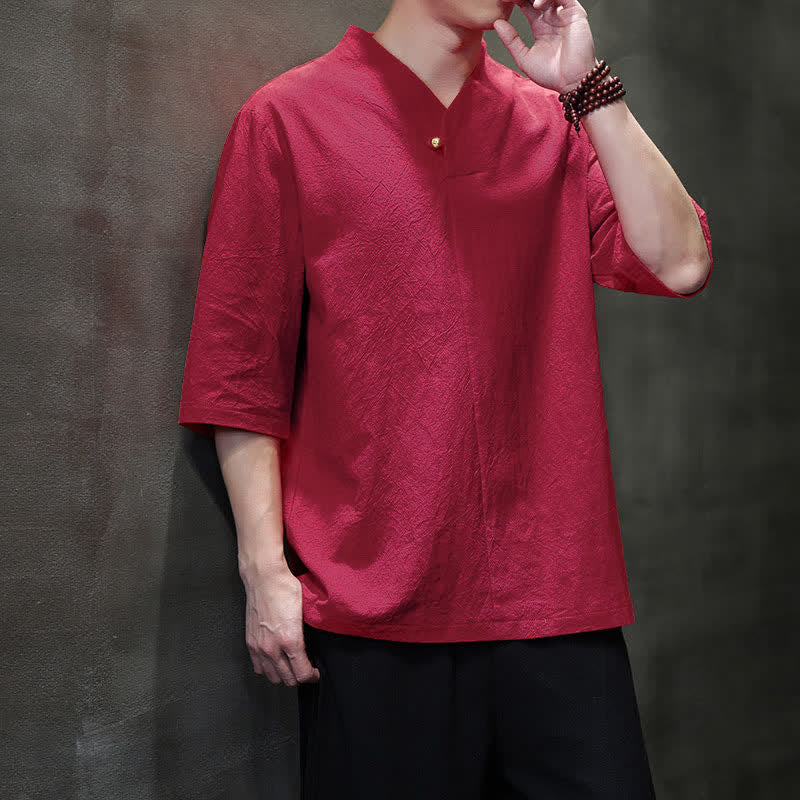 Buddha Stones Camisas de manga corta para hombre, estilo Tang casual de verano, con cuello mandarín y color liso. - image 11