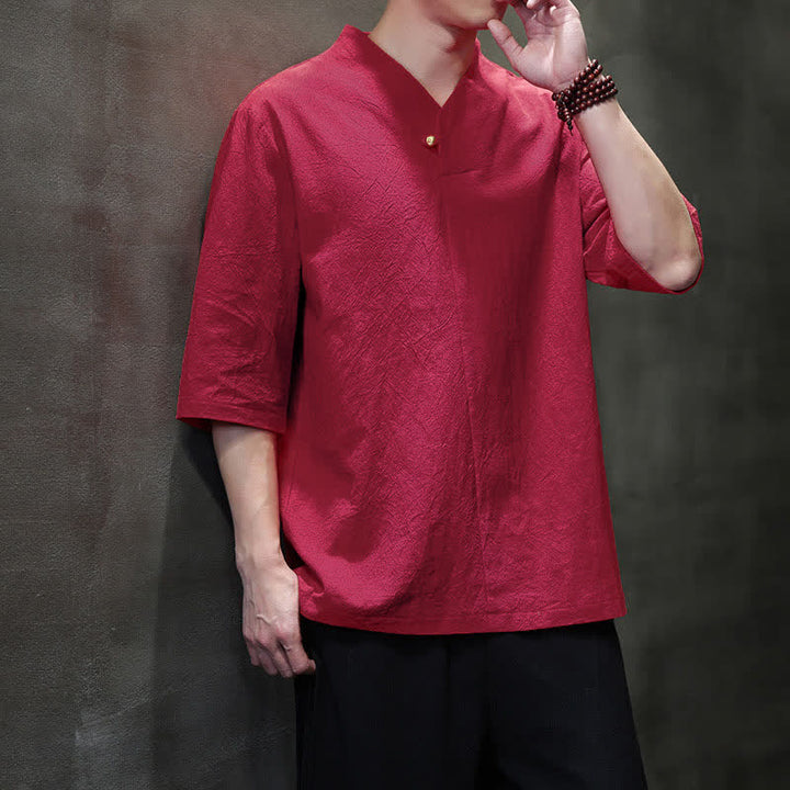 Buddha Stones Camisas de manga corta para hombre, estilo Tang casual de verano, con cuello mandarín y color liso. - image 11
