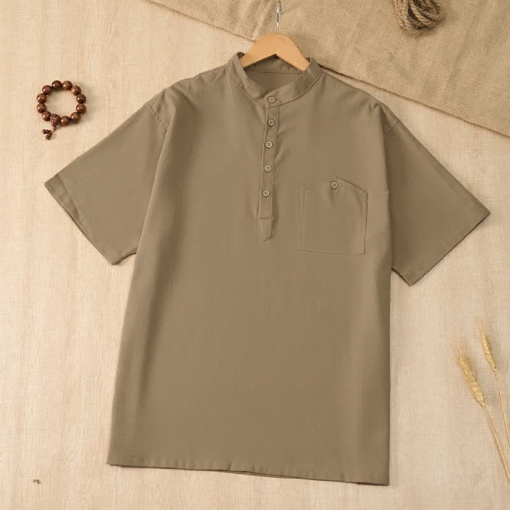 Buddha Stones Camisas de manga corta para hombre de estilo Tang casual de verano con cuello mandarín y bolsillo. - Broncearse - US/UK/AU42, EU52 (3XL) - image 0