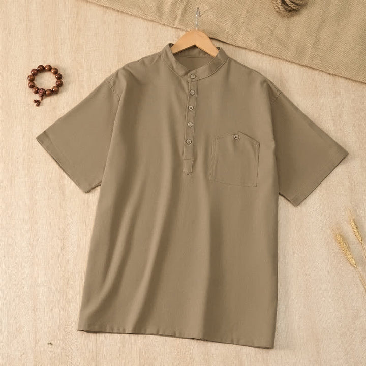 Buddha Stones Camisas de manga corta para hombre de estilo Tang casual de verano con cuello mandarín y bolsillo. - image 3