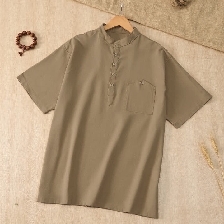 Buddha Stones Camisas de manga corta para hombre de estilo Tang casual de verano con cuello mandarín y bolsillo. - image 2