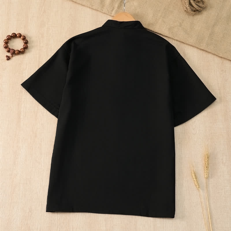 Buddha Stones Camisas de manga corta para hombre de estilo Tang casual de verano con cuello mandarín y bolsillo. - image 11