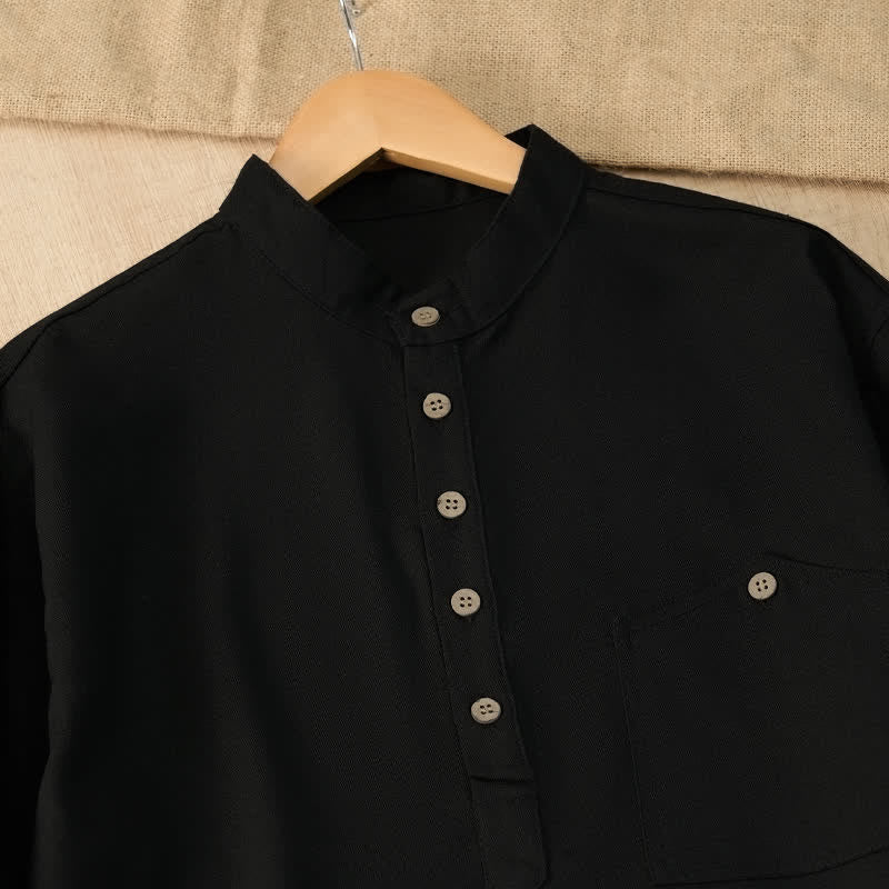 Buddha Stones Camisas de manga corta para hombre de estilo Tang casual de verano con cuello mandarín y bolsillo. - image 14