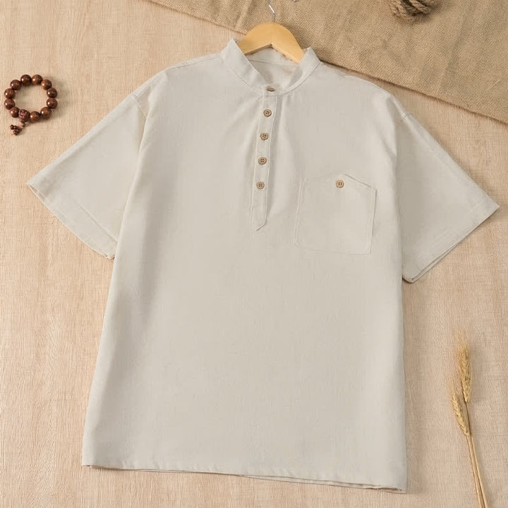 Buddha Stones Camisas de manga corta para hombre de estilo Tang casual de verano con cuello mandarín y bolsillo. - Beige - US/UK/AU42, EU52 (3XL) - image 19