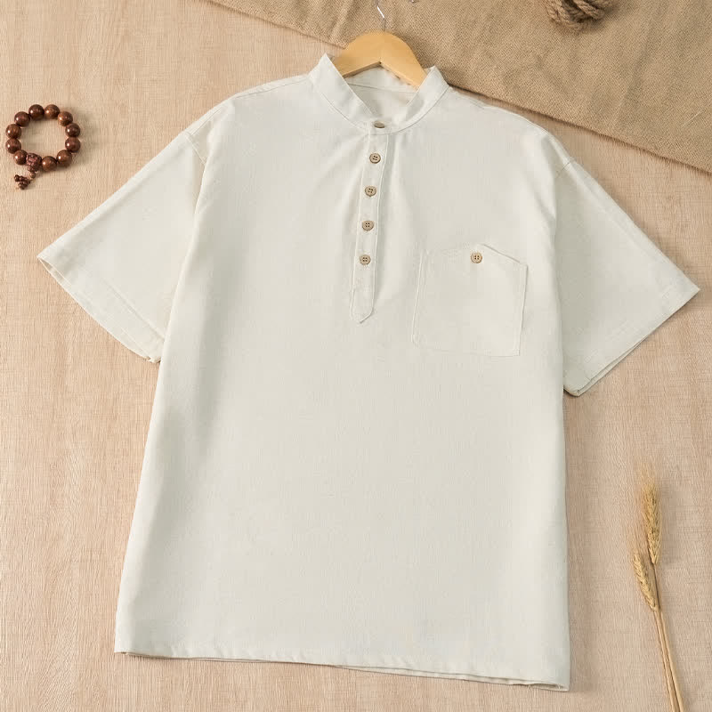 Buddha Stones Camisas de manga corta para hombre de estilo Tang casual de verano con cuello mandarín y bolsillo. - Blanco - US/UK/AU42, EU52 (3XL) - image 27