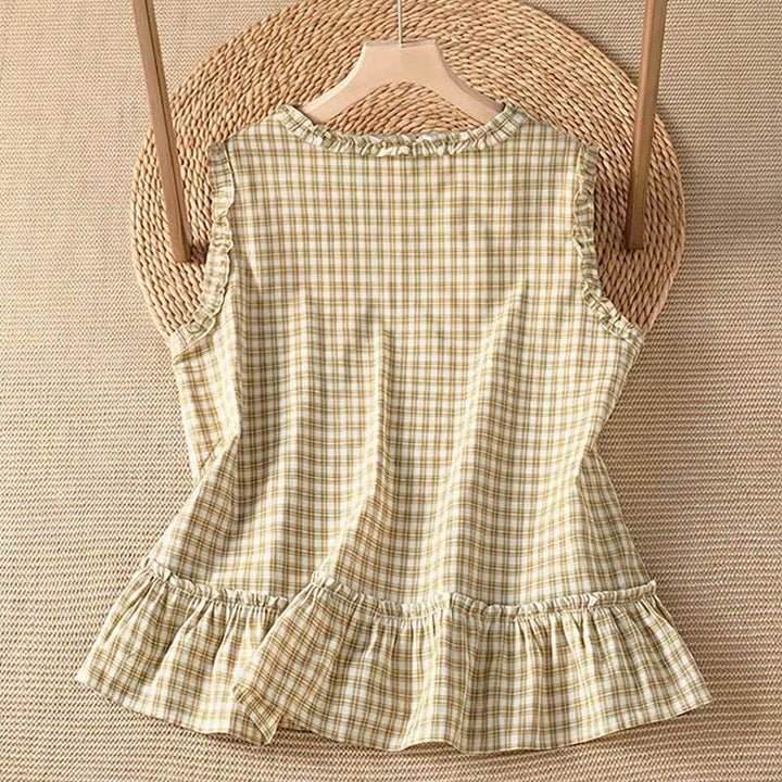 Buddha Stones Camiseta sin mangas de verano informal vintage con volantes y cuello en V a cuadros para mujer. - image 7