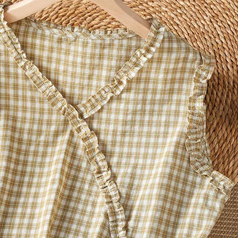 Buddha Stones Camiseta sin mangas de verano informal vintage con volantes y cuello en V a cuadros para mujer. - image 10