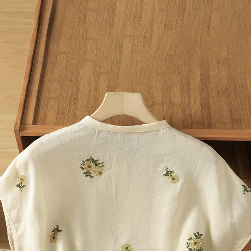 Buddha Stones Camiseta sin mangas de verano estilo Tang con cuello mandarín y bordado floral para mujer. - image 3