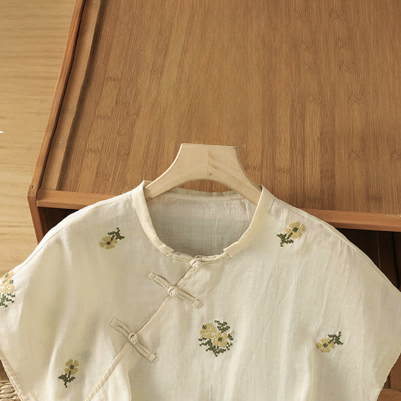 Buddha Stones Camiseta sin mangas de verano estilo Tang con cuello mandarín y bordado floral para mujer. - image 2
