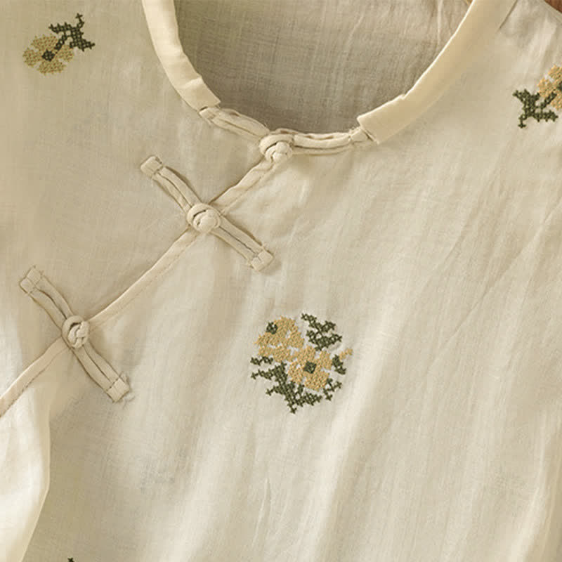 Buddha Stones Camiseta sin mangas de verano estilo Tang con cuello mandarín y bordado floral para mujer. - image 4