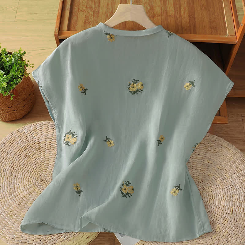 Buddha Stones Camiseta sin mangas de verano estilo Tang con cuello mandarín y bordado floral para mujer. - image 9