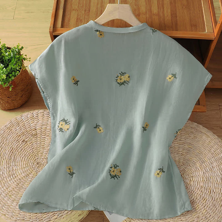 Buddha Stones Camiseta sin mangas de verano estilo Tang con cuello mandarín y bordado floral para mujer. - image 9
