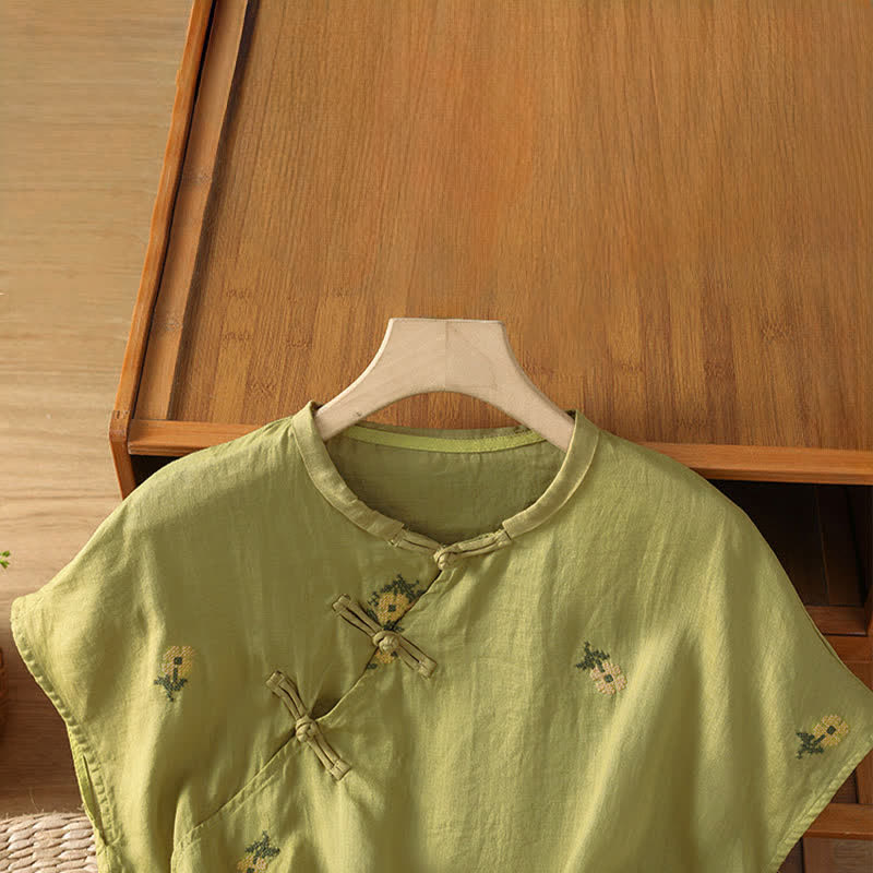 Buddha Stones Camiseta sin mangas de verano estilo Tang con cuello mandarín y bordado floral para mujer. - image 17