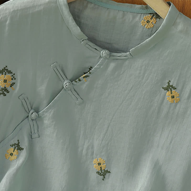 Buddha Stones Camiseta sin mangas de verano estilo Tang con cuello mandarín y bordado floral para mujer. - image 12