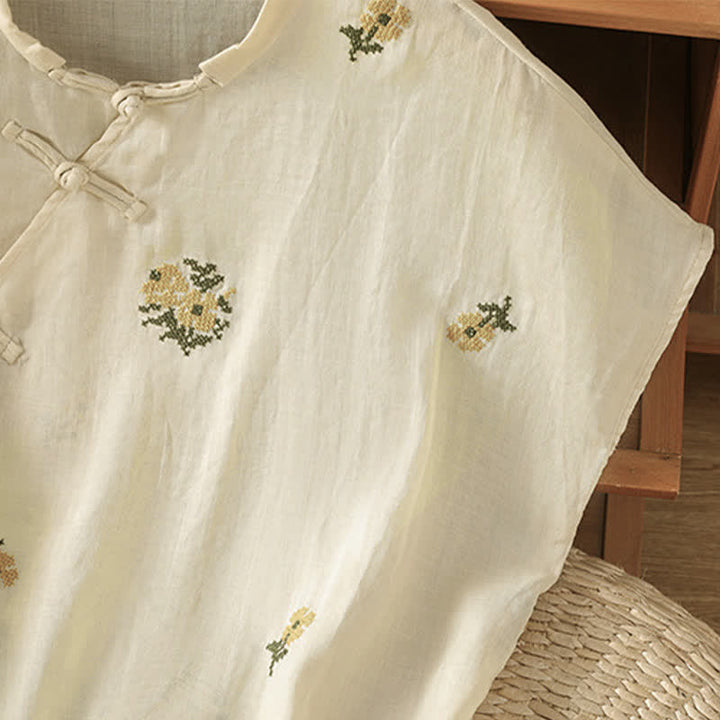 Buddha Stones Camiseta sin mangas de verano estilo Tang con cuello mandarín y bordado floral para mujer. - image 5