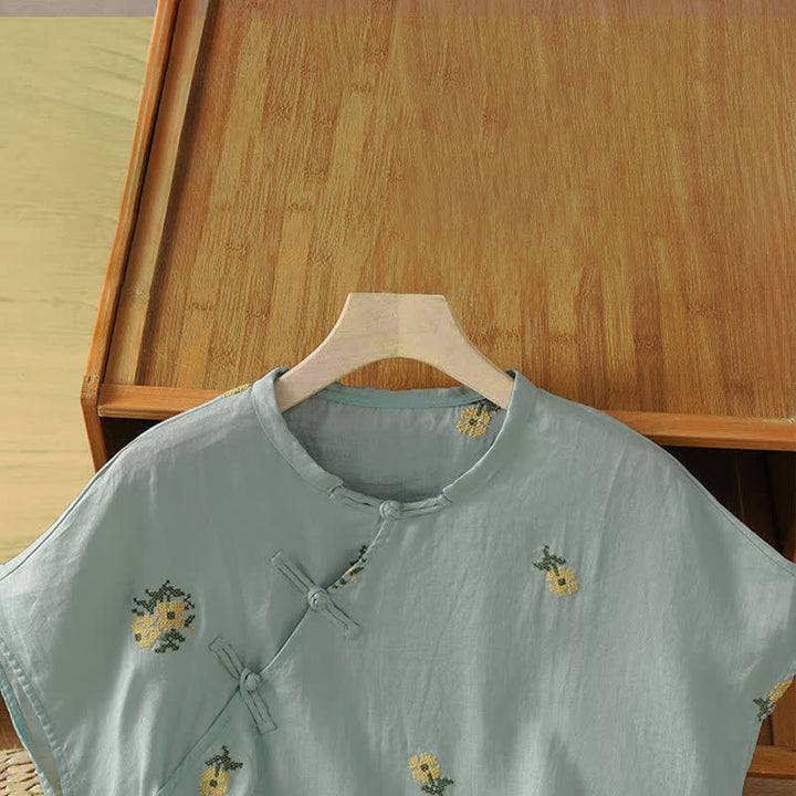 Buddha Stones Camiseta sin mangas de verano estilo Tang con cuello mandarín y bordado floral para mujer. - image 10